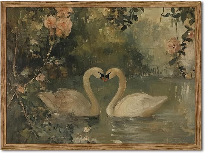 Framed Vintage Swan wall art, Rustic Romantic White Swan Pictures Wall Decor by Unknown