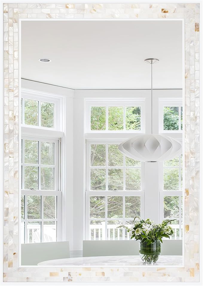 Wall Mounted Mosaic Mirror 30x40 Inch, Natural Mother of Pearl Inlay White by DUQIMOWALLMIRRORS