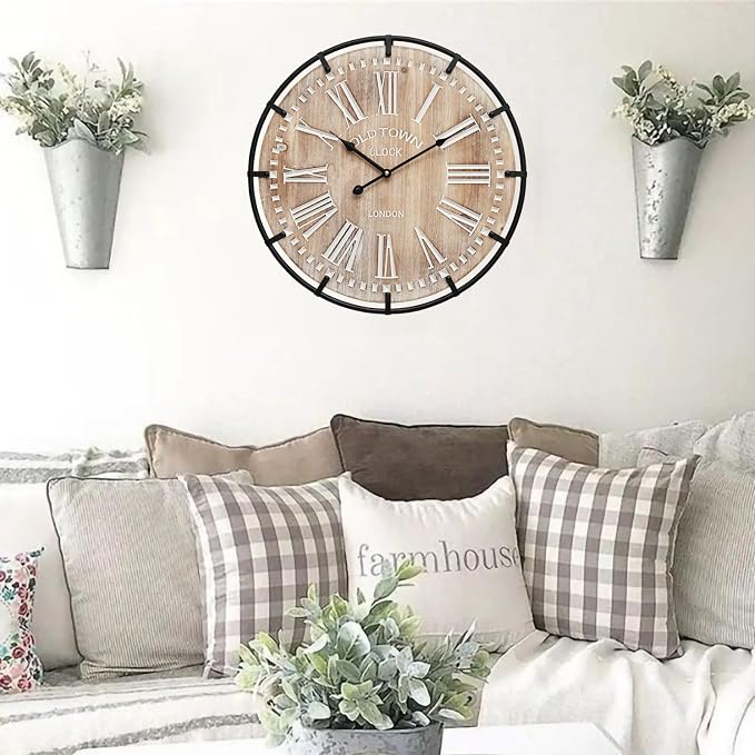 EMAX HOME 20 Inch Large Farmhouse Wall Clock, Rustic Antique Wood - Image 5