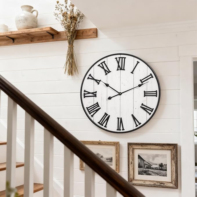 Large Rustic Wooden Wall Clock, 24 Inch Whitewashed Farmhouse Wall Clock - Image 3