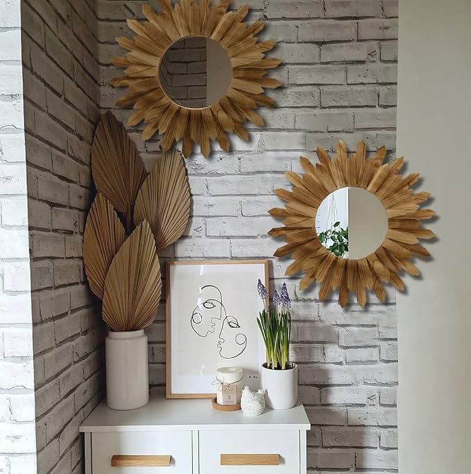 LOSOUR 2 Pack 22 Inch Boho Wall Sunburst Mirror Rustic Round Wood Decorative - Image 5