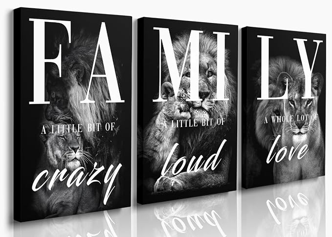 GUBIYU Black Gray Animal Wall Art Set of 3 Lion Prints by GUBIYU