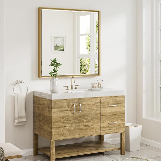 Gold Bathroom Mirror 36x36 Inch Square Beveled Bathroom Vanity Mirror Brushed - Image 2