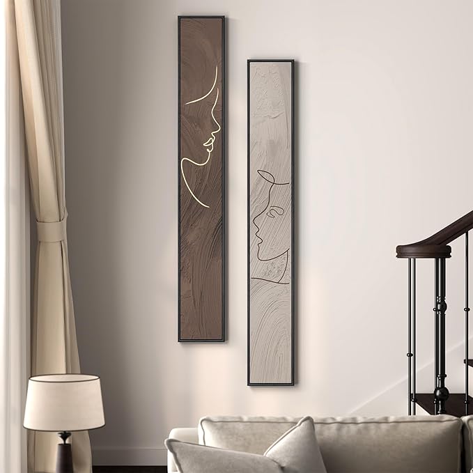 Long Narrow Framed Neutral Abstract Vertical Wall Art Set, 2 Piece Modern - Image 2