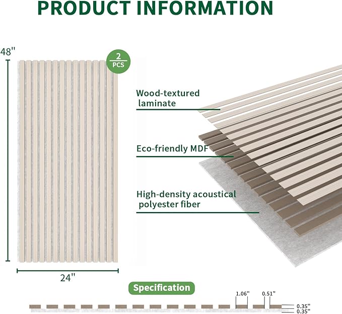 Wood Slat Acoustic Panels, 2 Pack 47.2" x 23.6"/ 120 x60cm Wood Wall Panels - Image 3