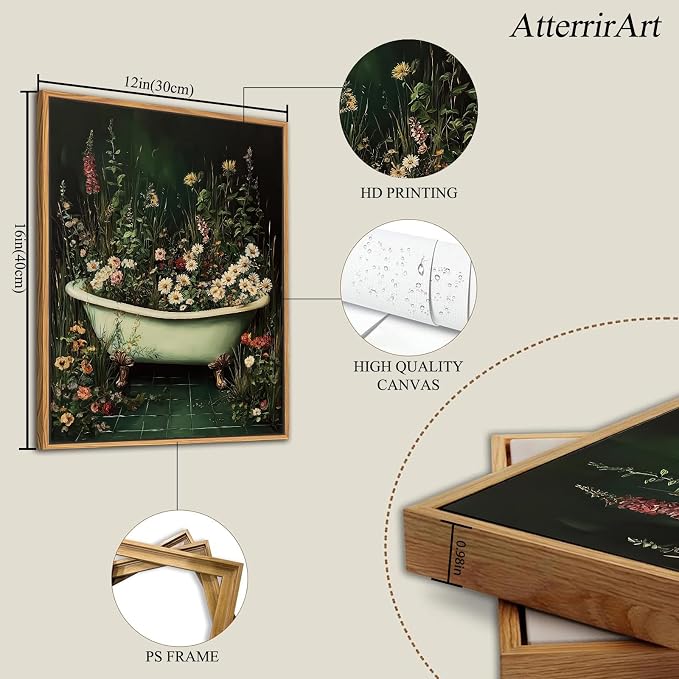 AtterrirArt Framed Plant Bathroom Wall Art, 12 * 16inch, Vintage Bathtub - Image 4