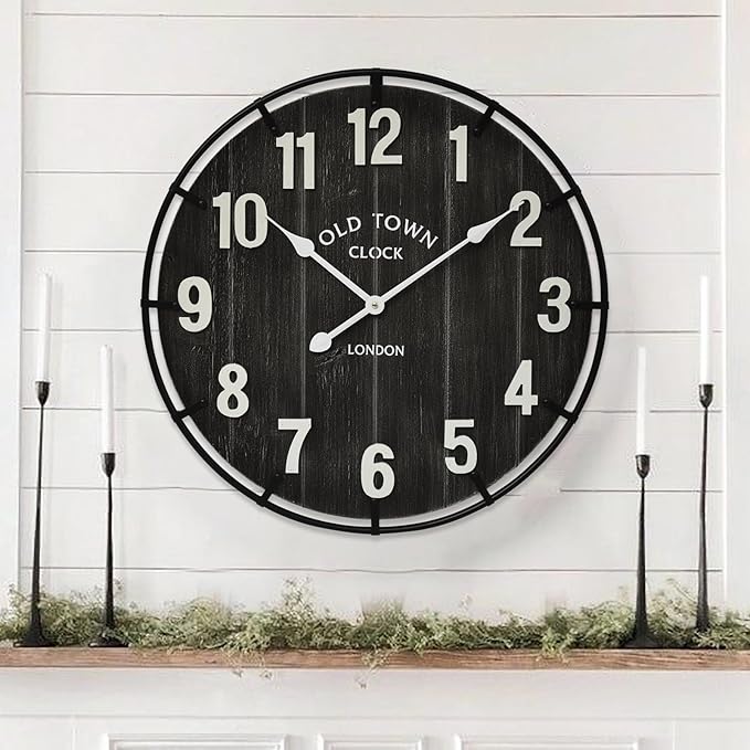 EMAX HOME Large Old Town Farmhouse Black Wall Clock 24 Inch Rustic Antique Wood by EMAXHOME