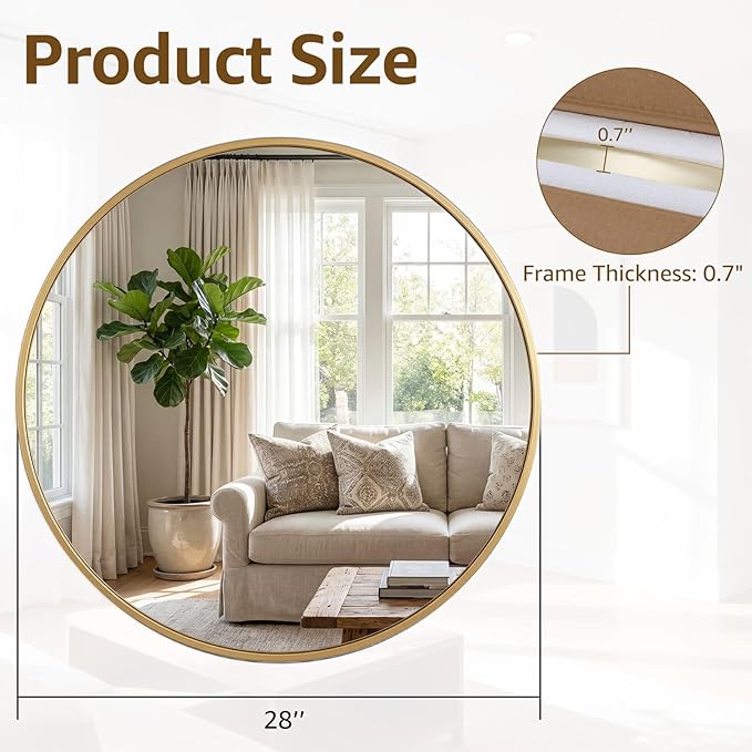 DUMOS 28 Inch Round Wall Mirror, Bathroom Mirror - Image 2