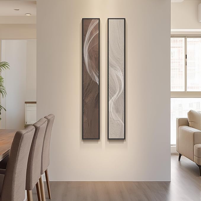 Large Framed Long Narrow Vertical Neutral Abstract Wall Art Set of 2, - Image 2