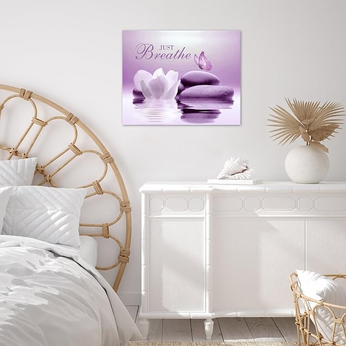 EOBTAIN Zen Framed Wall Art 20x16 Inches Purple Butterfly and Flower Stone - Image 5
