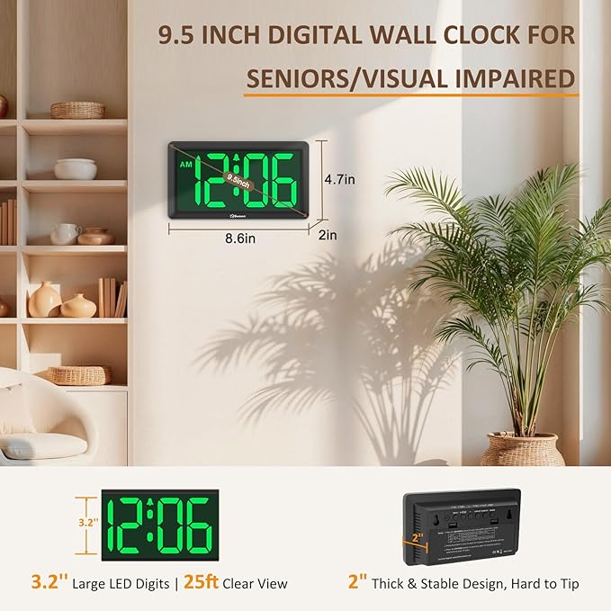 Soobest 9.5 Inch Large Digital Wall Clock Battery Operated, Auto & Manual - Image 3