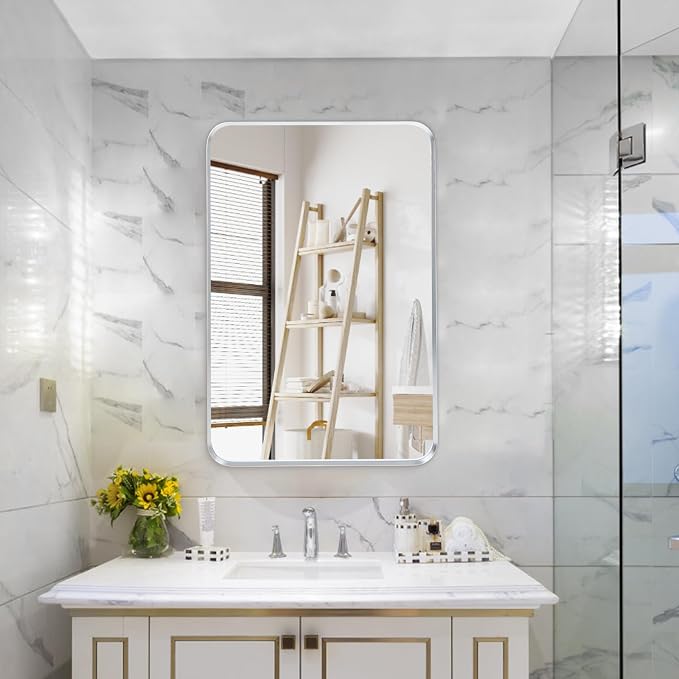 Wall Mount Mirror for Bathroom, Brushed Silver Metal Framed Rounded Corner - Image 3