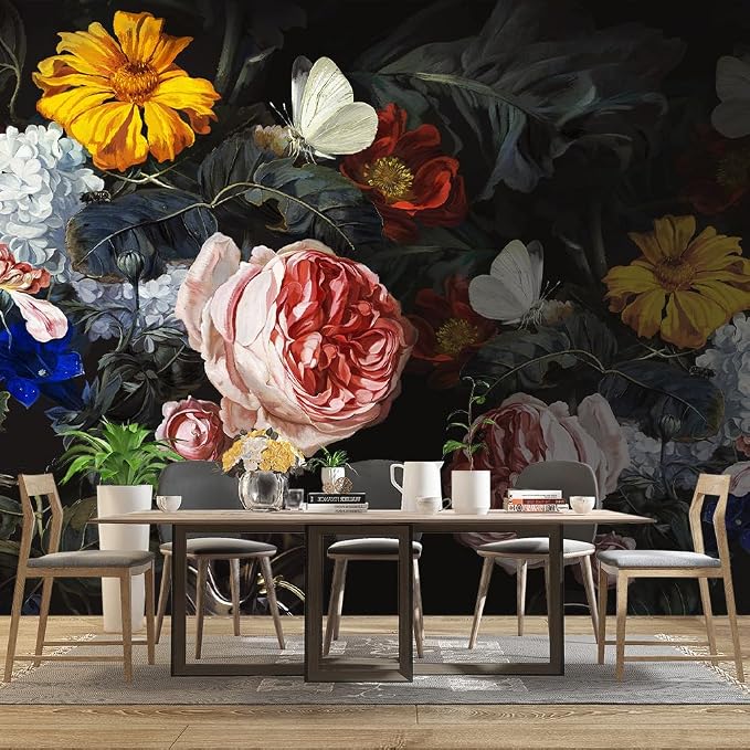 Vintage Black Flowers Mural Bedroom Peony Floral Wallpaper Room Decor Living - Image 3