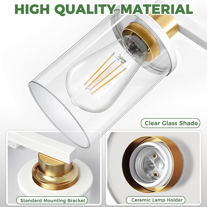 DORESshop 17 Inch Bathroom Light Fixtures, 3-Light White and Gold Bathroom - Image 4
