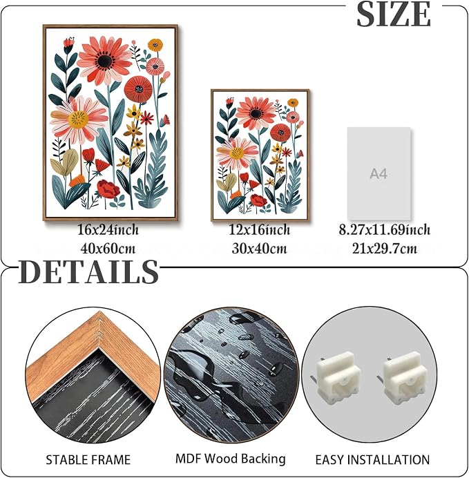 KISSFOX Framed Colorful Wildflower Canvas Wall Art Set Of 3 Flowers Pictures - Image 4