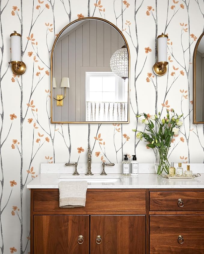 Timeet Peel and Stick Wallpaper White and Orange Floral Wallpaper Boho Leaf - Image 3