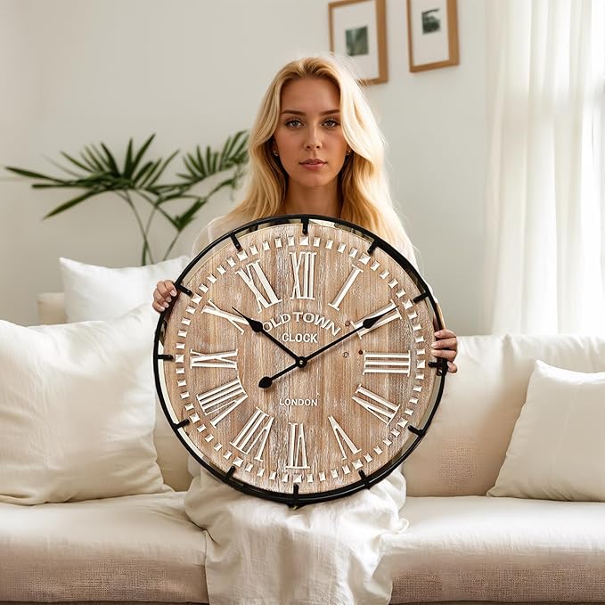 24 Inch Grand Farmhouse Wall Clock, Vintage-Inspired Wood & Metal Design - Image 2