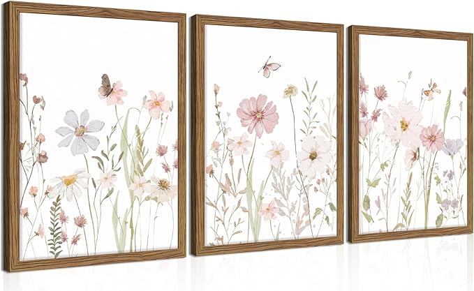 Framed Wildflower Wall Art Set of 3, Vintage Flower Botanical Paintings by Unknown