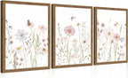 Framed Wildflower Wall Art Set of 3, Vintage Flower Botanical Paintings by Unknown
