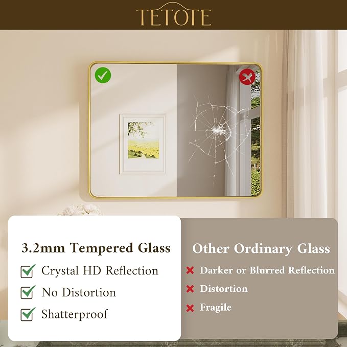 TETOTE Brushed Gold Bathroom Mirror, 24 x 32 Inch Metal Framed Mirror, Brushed - Image 4