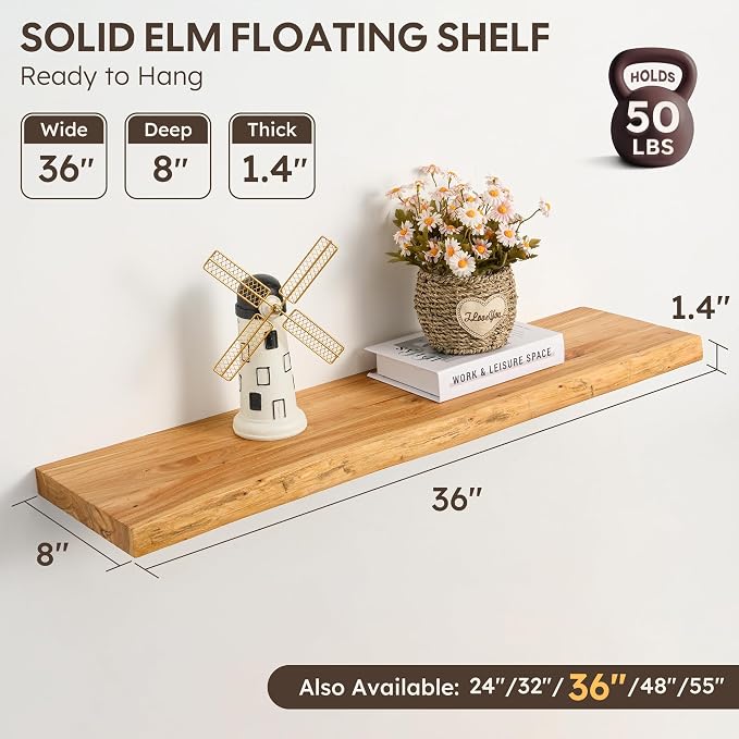 Floating Shelves Set of 2, Solid Elm Wood Wall Shelves 36 Inch - Image 3