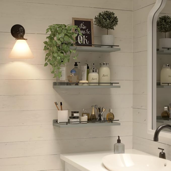 WOPITUES Floating Shelves with Black Metal Guardrail, Shelves - Image 5