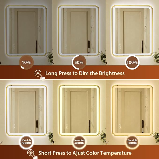 28x40 Inch Gold Framed LED Bathroom Mirror - Image 3