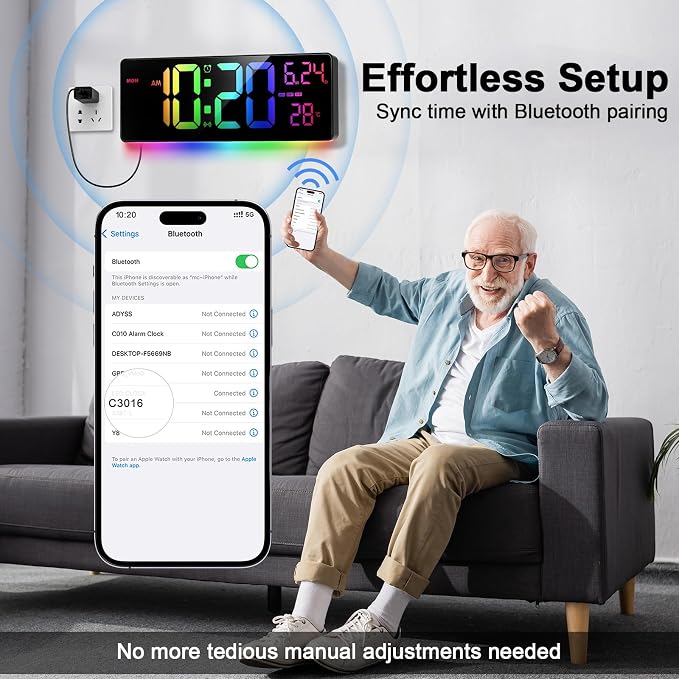 16" Bluetooth Large Digital Wall Clock/Auto Time Sync, 10 RGB Colors Digital - Image 3