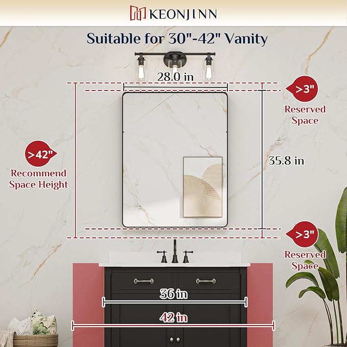 Keonjinn Black Bathroom Mirror for Over Sink, 28 x 36 Inch Rounded Rectangle - Image 8