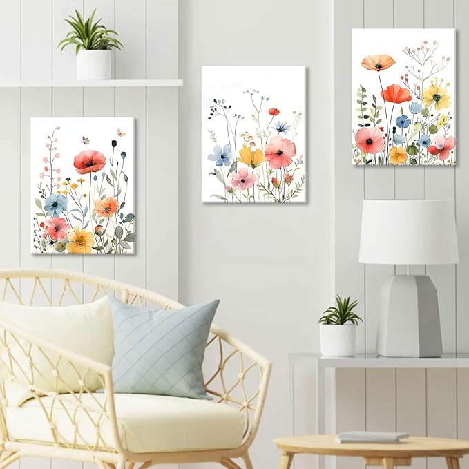 KISSFOX Framed Colorful Wildflower Canvas Wall Art Set Of 3 Flowers Pictures - Image 4
