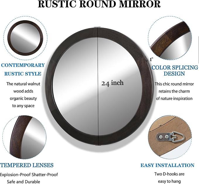 Round Mirrors 24 Inch, Wood Vanity Wall Rustic Mirror - Image 4
