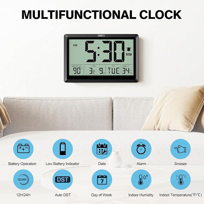 XREXS 10.4 Inch Digital Wall Clock, Battery Operated Large Display Clock - Image 2