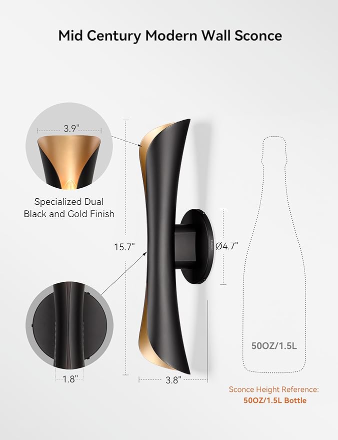Tubicen Wall Sconces Up and Down Dimmable Black and Gold Movie Theater Sconce - Image 6