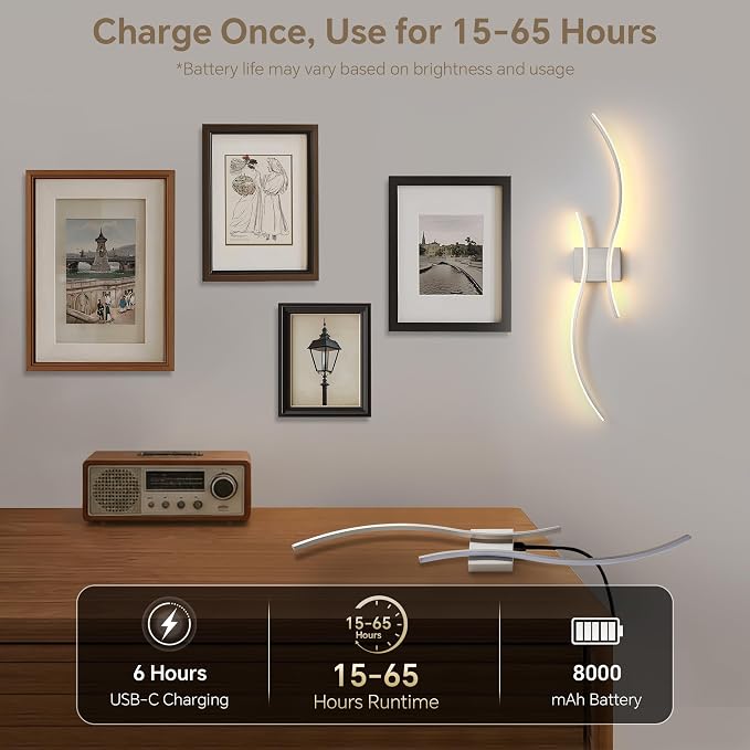 Battery Operated Wall Sconce Set of Two, Dimmable Modern LED Rechargeable Wall - Image 4
