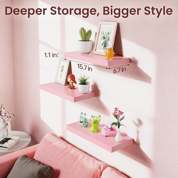 BAYKA Pink Floating Shelves for Wall Set of 3, 15.7in Wood Wall Shelves for - Image 3