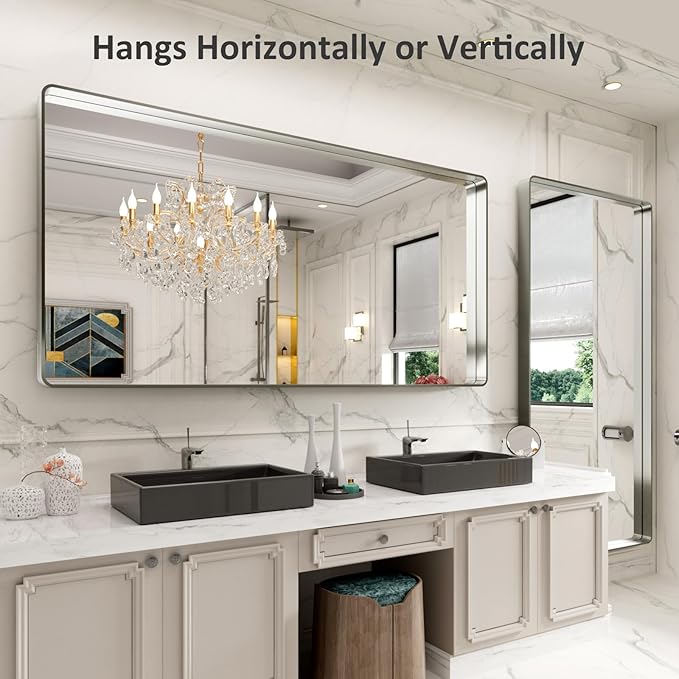 LOAAO 72X32 Inch Brushed Nickel Bathroom Mirror, Rounded Rectangle Silver Metal - Image 4