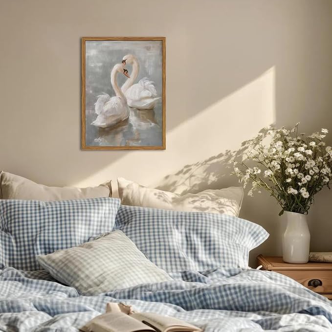 Framed Vintage Swan Canvas Wall Art, Romantic White Swan Paintings Wall Decor - Image 3