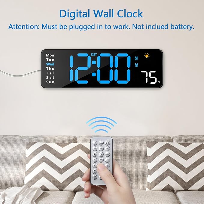 Digital Wall Clock with Remote Control, Large Display Plug in LED Digital Alarm - Image 5