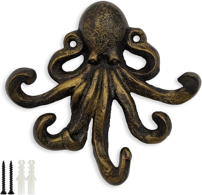 Octopus Cast Iron Wall Hook – Nautical Decorative Key Holder, Coastal Ocean by HERNGEE