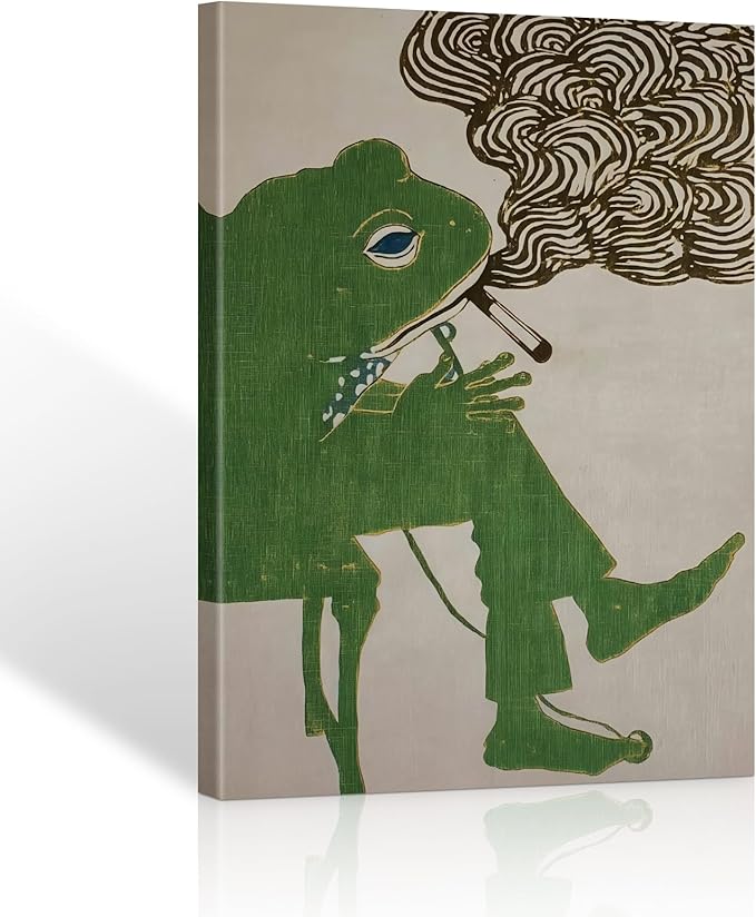 ALMLZL Funny Smoking Frog Wall Art Humorous Animal Whimsical Green Frog Canvas by ALMLZL