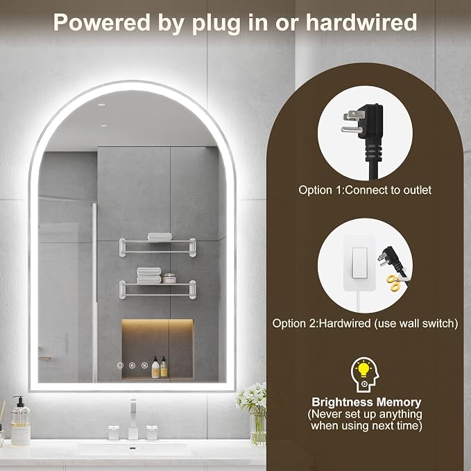 Arched LED Mirror for Bathtoom 24"x36", Shatterproof, Touch Sensor, 3 Color - Image 6