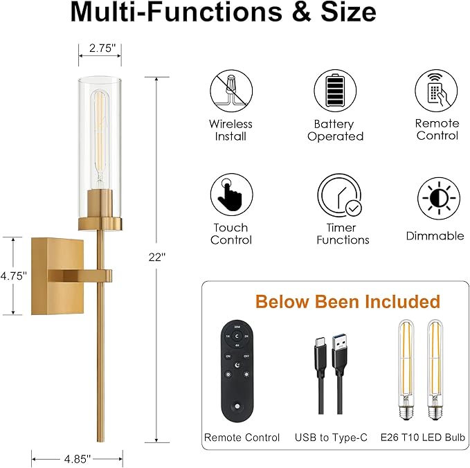 Wireless Wall Sconces with Remote Control, Brushed Gold Battery Operated Wall - Image 2