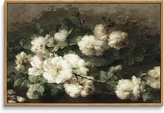 InSimSea Framed Canvas Wall Art Vintage Decor, Room Decor White Roses Still by InSimSeaArt