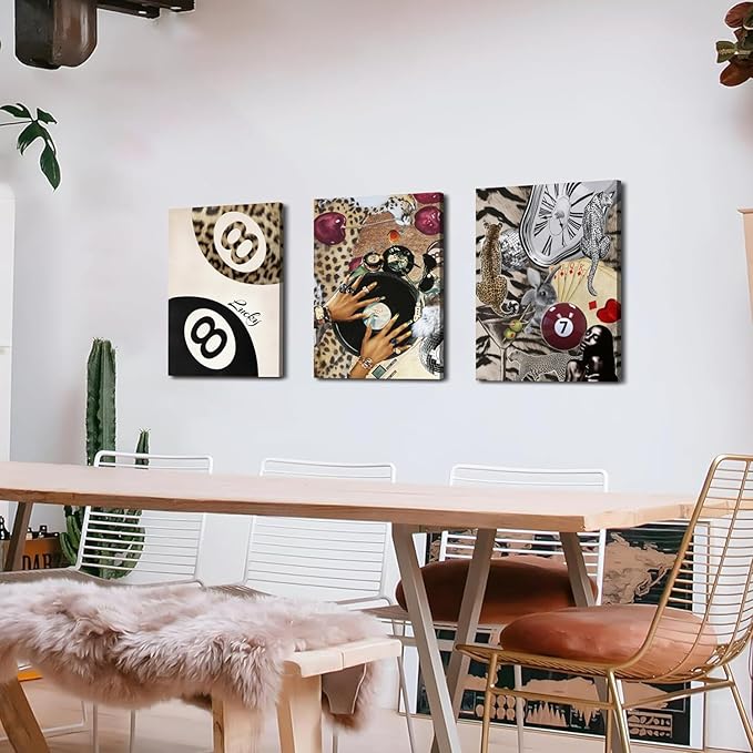 Fashion Cheetah Wall Art Set of 3 Leopard Wall Decor Pictures Lucky 8 Ball - Image 4