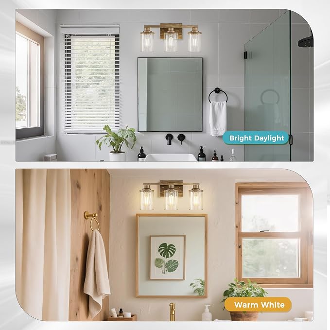 DORESshop 17 Inch Bathroom Light Fixtures, 3-Light Oak Bathroom Lighting - Image 3