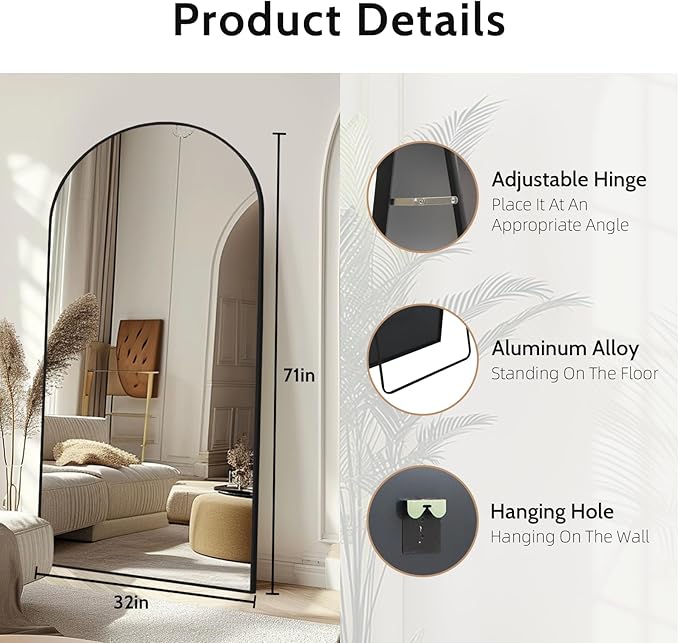 Beauty4U 71" x 32" Arched Full Length Mirror, HD Tempered Glass Floor Mirror - Image 2