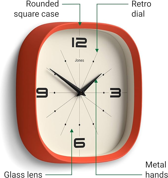 JONES CLOCKS® Pulsar wall Clock | Square Rounded Retro Clock | 10 inch | Orange - Image 6