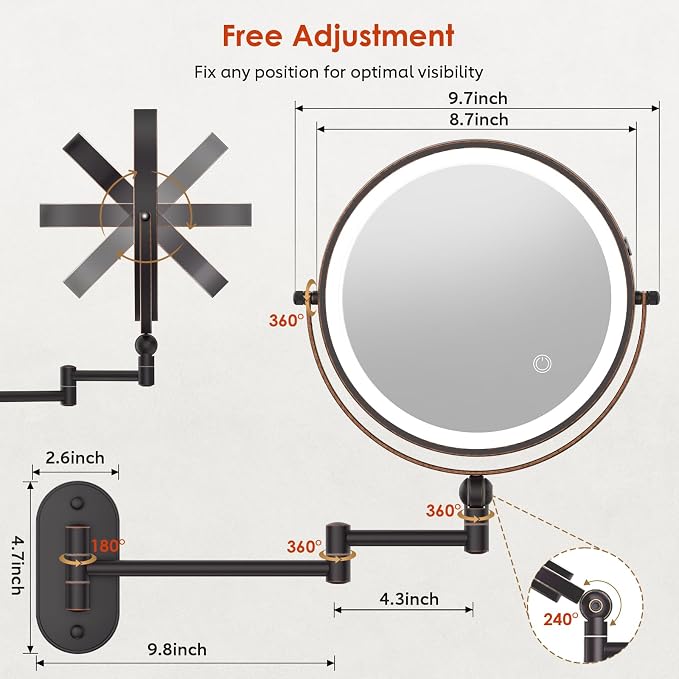 IMIKONA 9" Wall Mounted Lighted Makeup Mirror, 4000mAh Rechargeable Double - Image 6