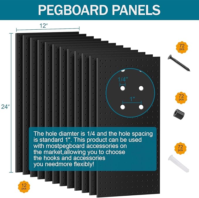12 Pack 12-Inch X 24-Inch Metal Pegboard Wall Panels, Peg Boards - Image 2
