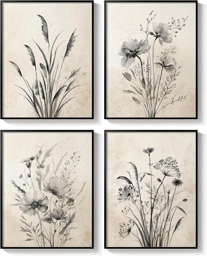 Framed Vintage Botanical Wall Art, 4 Piece Neutral Rustic Boho Floral Canvas - Image 8